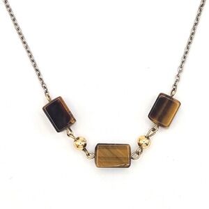 Vintage Tigers Eye Rectangular Block Stone Necklace Gold Silver Tone Mixed Metal